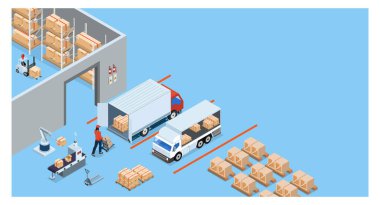 İşçilerin kamyonlara ürün yüklediği 3D izometrik Depo Lojistik konsepti, Ulaştırma Operasyon Servisi, İhracat, İthalat, Forklift, paletler, karton kutular. Vektör illüstrasyonu EPS 10