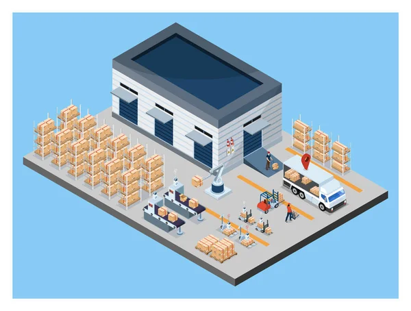 Concept Logistique Entrepôt Isométrique Avec Des Travailleurs Chargeant Des Produits — Image vectorielle