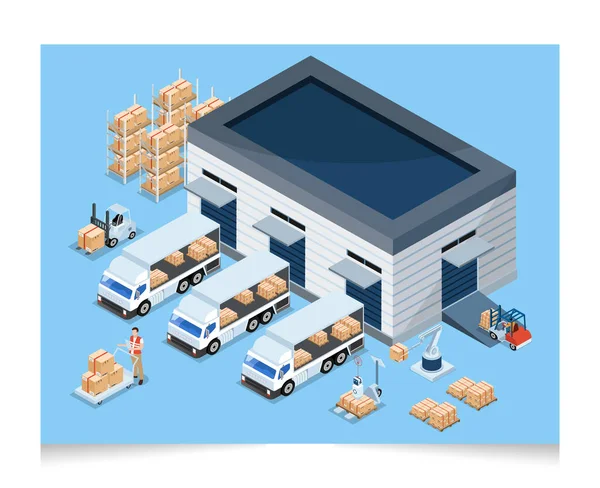 Izometryczny Magazyn Logistyka Koncepcja Pracownicy Załadunku Produktów Ciężarówki Transport Usług — Wektor stockowy