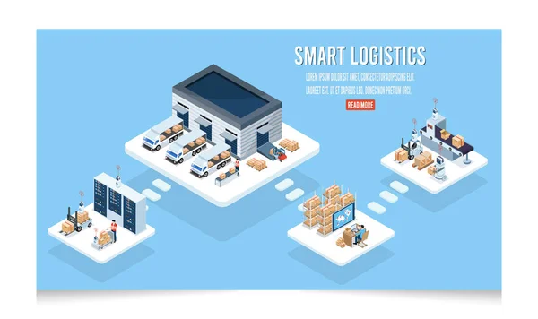 Concepto Logístico Inteligente Isométrico Con Warehouse Logistic Productos Carga Trabajadores — Vector de stock
