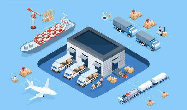 Isometrisk Smart Logistik Koncept Med Magasinlogistik Arbetstagare Lastning Produkter Transport — Stock vektor