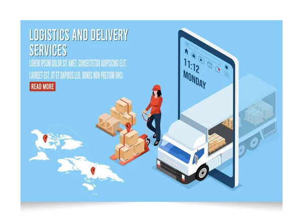 Logistica Isometrica Concetto Servizi Consegna Con Persone Trasportano Scatole Prodotti — Vettoriale Stock