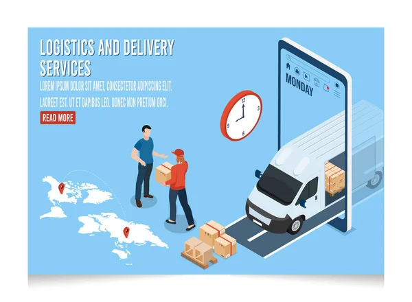 Ισομετρική Logistics Delivery Concept Services People Delivery Box Customer Home — Διανυσματικό Αρχείο