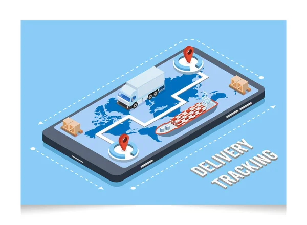 Isometrische International Freight Delivery Smartphone Applicatie Tracking Concept Met Smart — Stockvector