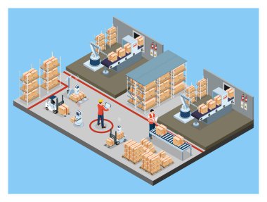 3D izometrik depo robotları ve Depo Otomasyon Sistemi ve Robot Taşımacılık Servisi ile akıllı depo teknolojisi konsepti. Vektör illüstrasyonu EPS 10