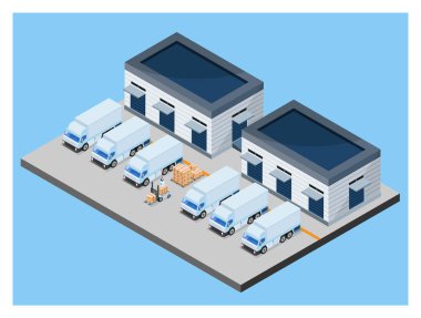 Taşımacılık, İhracat, İthalat, Kargo, Forklif, Teslimat Kamyonu ile 3D izometrik Depo Çalışma Süreci Konsepti. Vektör illüstrasyonu EPS 10