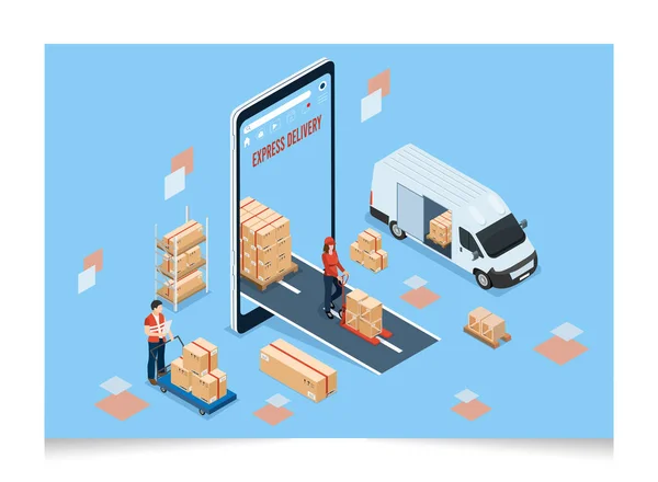 서비스 Isometric Logistics Delivery Services 사람들 집이나 사무실에서 고객에게 상자를 — 스톡 벡터
