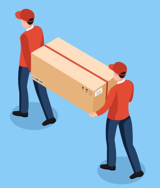 3D izometrik iki üniformalı erkek, dağıtım ve ulaşım reklamcılığı konsepti tasarımı için müşteri karakterine kutu kaldırıyor. Vektör illüstrasyonu E10