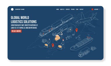 Akıllı Lojistik, İş Lojistiği, Depo Lojistik, Çevrimiçi dağıtım, İhracat ve İthalat ile 3D izometrik Global lojistik çözümleri iniş sayfası konsepti. Vektör illüstrasyonu E10