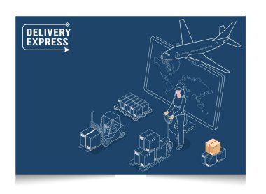 3D izometrik lojistik ve teslimat hizmetleri kavramı. İnsanlar evdeki ya da ofisteki bir müşteriye kutu teslim ediyor. Akıllı Lojistik Şirketi, İhracat ve İthalat. Vektör illüstrasyonu E10