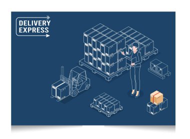 3 boyutlu izometrik akıllı lojistik kavramı. Kutu üzerinde barkodu tarayan işçiler, Depo Lojistik ve Yönetim, Lojistik çözümler tam tedarik zinciri, ulaşım kamyonu. Vektör illüstrasyonu E10