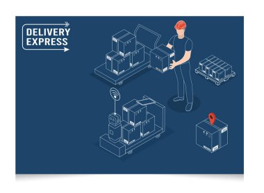 3D izometrik lojistik ve teslimat hizmetleri kavramı. İnsanlar evdeki ya da ofisteki bir müşteriye kutu teslim ediyor. Akıllı Lojistik Şirketi, İhracat ve İthalat. Vektör illüstrasyonu E10