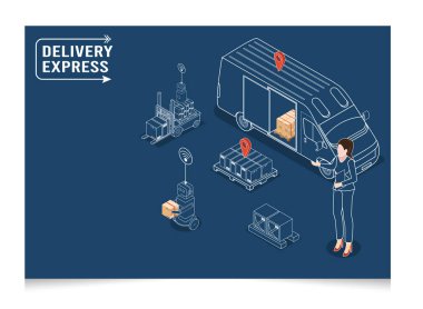 3D izometrik lojistik ve teslimat hizmetleri konsepti Robot kutuları eve veya ofise, online sipariş takibi, ulaşım kamyonuna teslim eder. Vektör Illustration bölüm 10