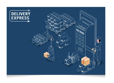 3D izometrik lojistik ve teslimat hizmetleri kavramı. İnsanlar evdeki ya da ofisteki bir müşteriye kutu teslim ediyor. Akıllı Lojistik Şirketi, İhracat ve İthalat. Vektör illüstrasyonu E10