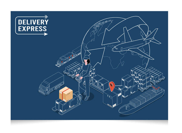 3D isometric Set of logistics solutions concept with Global Logistics, Warehouse Logistics, Maritime Transport, Online delivery, Export and Import. Vector illustration eps10