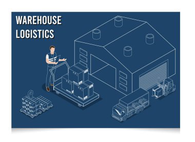 İşçilerin kamyonlara ürün yüklediği 3D izometrik Depo Lojistik konsepti, Ulaştırma Operasyon Servisi, İhracat, İthalat, Forklift, paletler, karton kutular. Vektör illüstrasyonu EPS 10