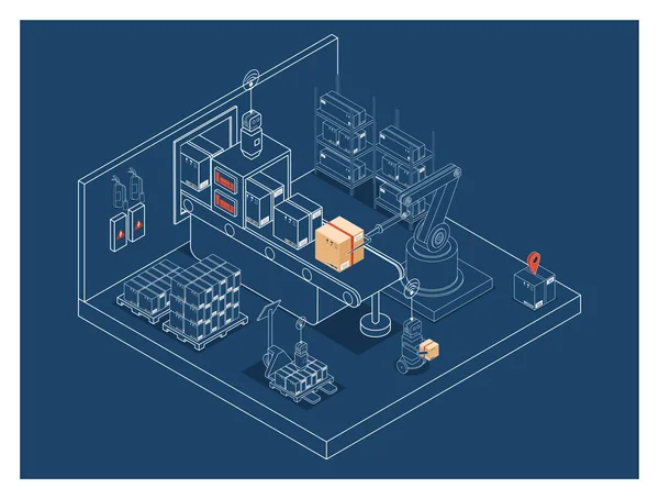 Stock vector 3D isometric automated warehouse robots and Smart warehouse technology Concept with Warehouse Automation System and Robot Transportation operation service. Vector illustration EPS 10