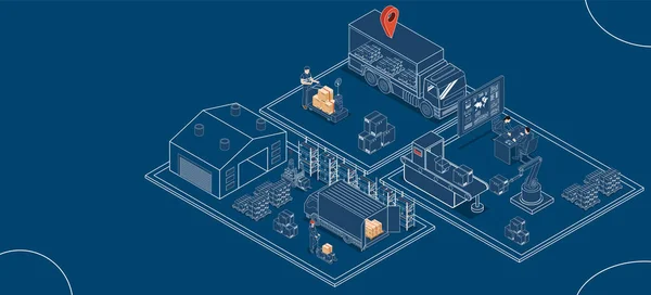 stock vector 3D isometric Logistics Supply Chain Management concept with description of Fleet management, Warehousing, Materials handling, Inventory and Demand planning. Vector illustration eps10