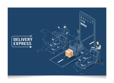 3D izometrik lojistik ve teslimat hizmetleri kavramı. İnsanlar evdeki ya da ofisteki bir müşteriye kutu teslim ediyor. Akıllı Lojistik Şirketi, İhracat ve İthalat. Vektör illüstrasyonu E10