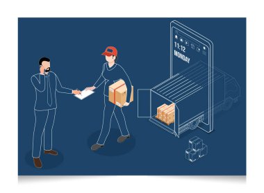 3D isometric Logistics and Delivery services concept with People receive the box from the courier, who also hands him the paperwork to sign as receipted. Vector illustration eps10