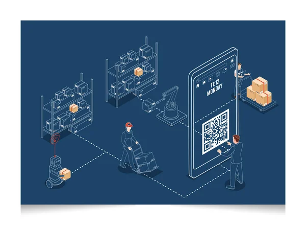 3D isometric Logistics and Delivery services concept with a customer tries to scan a qrcode to make a phone order from a seller. Vector illustration eps10