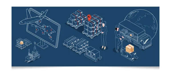 3D isometric set of Global logistics network scenes concept with Transportation operation service, Export, Import, Cargo, Air, Road, Maritime delivery. Vector illustration EPS 10