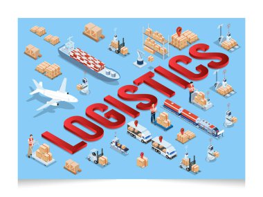 3D isometric Global logistics network concept with Transportation operation service, Supply Chain Management - SCM, Company Logistics Processes. Vector illustration EPS 10