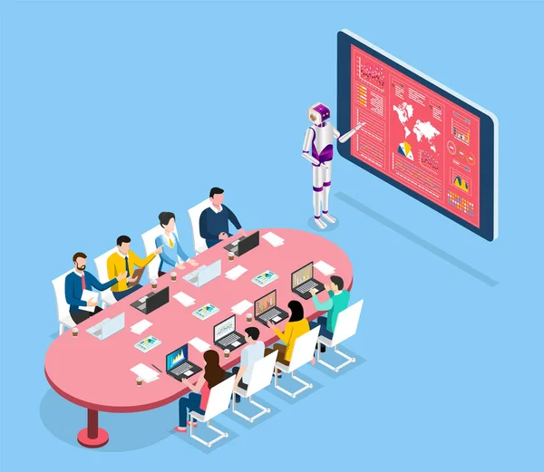 Learning Artificial Intelligence Concept Business Team Seated Table Listening Humanoids — Stockvector