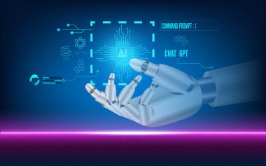 AI Learning and Artificial Intelligence concept with Assistant Robot create something, use the command prompt. Machine learning, Digital Brain future technology. Vector Illustration eps10