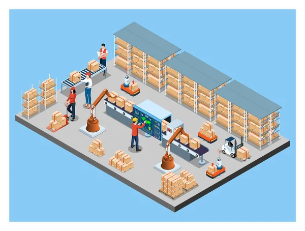 倉庫自動化システムとロボット輸送サービスと3D等価自動倉庫ロボットとスマート倉庫技術コンセプト ベクターイラスト Eps — ストックベクタ