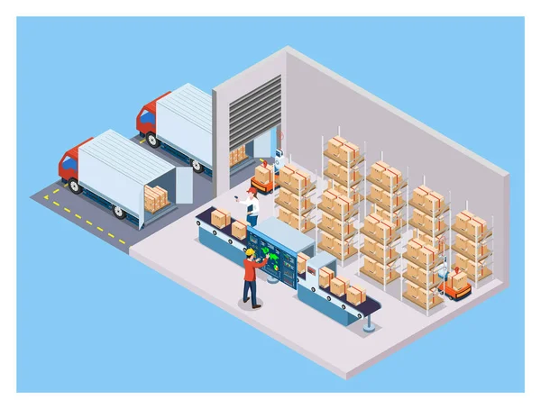 Izometryczny Magazyn Logistic Koncepcja Pracownicy Załadunku Produktów Przenośnik Taśmowy Transport — Wektor stockowy