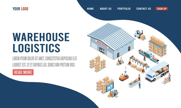 Modello Pagina Warehouse Logistic Landing Con Lavoratori Che Caricano Prodotti — Vettoriale Stock