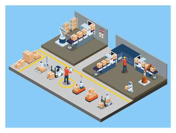 Isometrische Automatisierte Lagerroboter Und Smart Warehouse Technology Konzept Mit Warehouse — Stockvektor