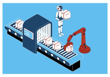 Endüstriyel paketleme sistemi, otonom robotlar, makine öğrenimi, Dijital Beyin gelecekteki teknolojisi ile yapay zeka kavramı. Vektör Illustration bölüm 10