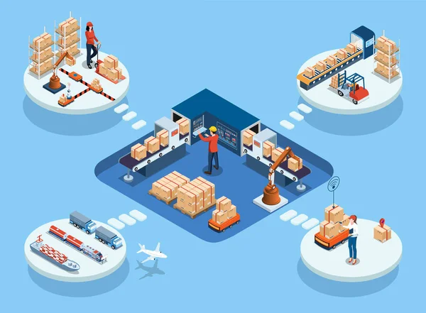 Isometric Logistics Supply Chain Management Delivery Concept Procurement Manufacturing Storage — Vetor de Stock