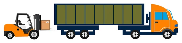 Carretilla Elevadora Cargando Cajas Paletas Camión Concepto Logística Ilustración Vectorial — Vector de stock