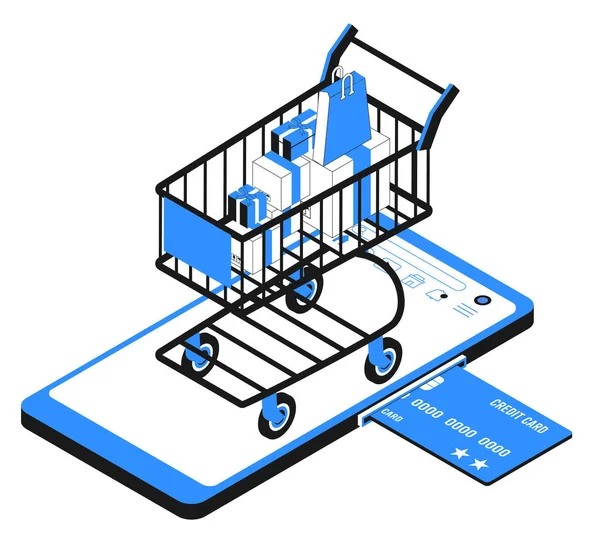 Kredi Kartı Smartphone Shopping Cart Ekleniyor Zometrik Vektör Çizimi Beyaz — Stok Vektör