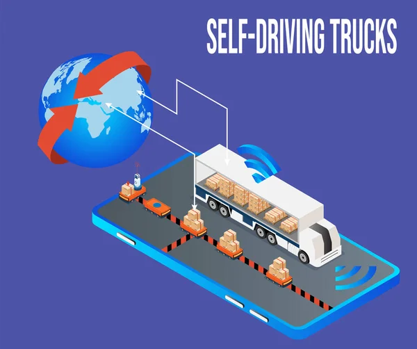 stock vector A self-driving truck with Robots loading cargo into truck with autopilot. Vector isometric illustration eps10