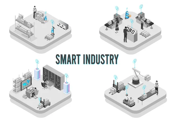 Smart Industry Izometrik Tasarım Geliştirme Üretim Paketleme Küresel Lojistik Ortaklık — Stok Vektör