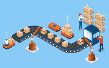 3D izometrik otomatik depo robotları ve Depo Otomasyon Sistemi ve Otomatik Robot Taşımacılık Servisi ile akıllı depo teknolojisi konsepti. Vektör illüstrasyonu EPS 10