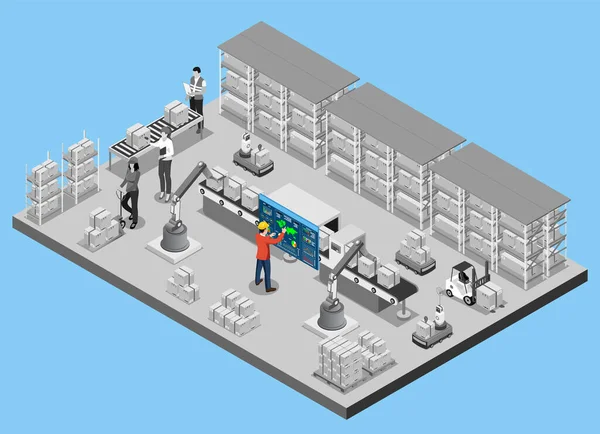 Isometrische Geautomatiseerde Magazijnrobots Smart Warehouse Technologie Concept Met Warehouse Automation — Stockvector