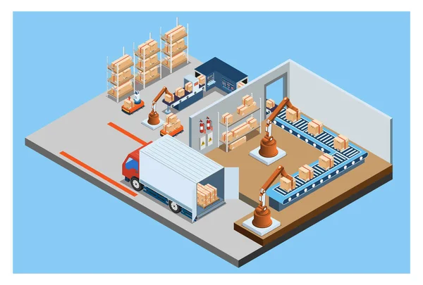 Isometric Automated Warehouse Robots Smart Warehouse Technology Concept Warehouse Automation — Stockvector
