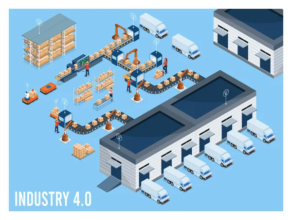 stock vector 3D isometric Industry 4.0 concept with Internet of Things (IoT), Cloud computing, AI and machine learning, Edge computing, Cybersecurity and Digital twin. Vector illustration eps10