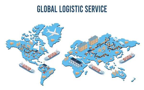 Isometric Global Logistics Network Concept Transportation Operation Service Supply Chain — Stockvector