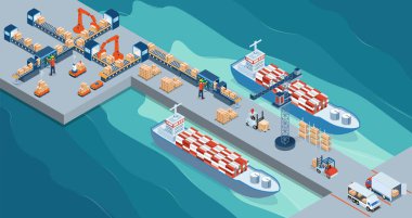 Crane ve Depo İşlem Süreci tarafından Endüstriyel Gemi 'ye Yüklenen Çelik Konteynır ile Deniz Taşımacılığı Lojistiği. Vektör illüstrasyon eps10