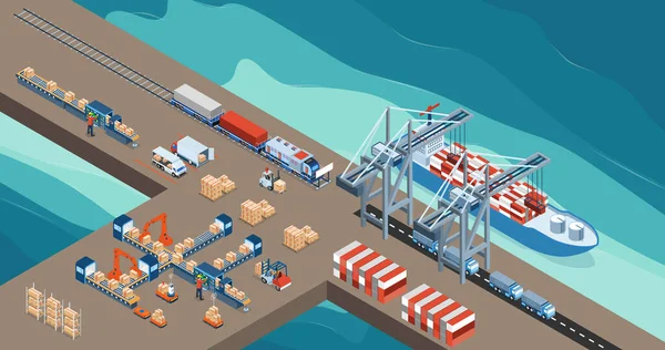 Zeevervoer Logistiek Met Steel Container Loading Industrial Ship Crane Warehouse — Stockvector