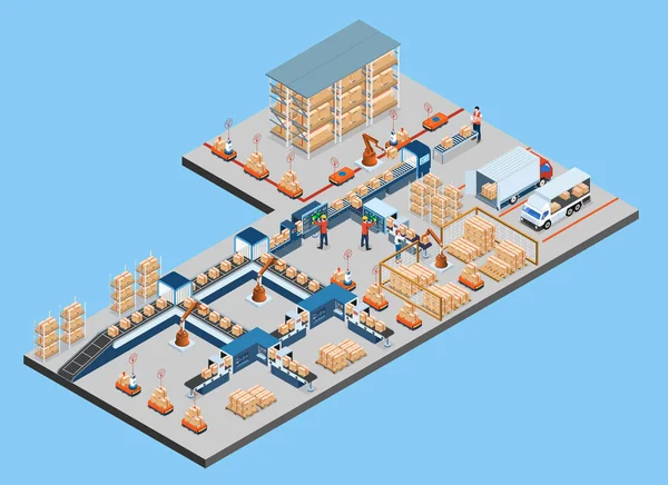3D Isometric Isometric Lojistik Depo Çalışma Süreci Ulaşım Operasyon Servisi Endüstriyel İnternet ve Otonom Robot. Vektör illüstrasyonu EPS 10