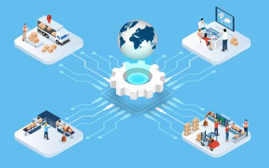 3D isometric Global logistics network concept with Transportation operation service, Supply Chain Management - SCM, Company Logistics Processes. Vector illustration EPS 10