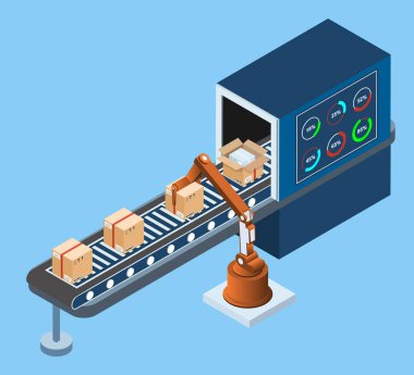 Depo Otomasyon Sistemi ve Otonom Robot Taşımacılık Servisi Endüstriyel Santral Konsepti 'nde kemer taşıyıcısı. Vektör illüstrasyonu EPS 10