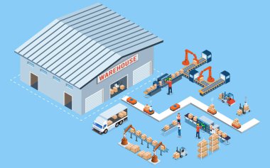 Akıllı Depo Teknolojisi ve Otomatik Depo Robotları Endüstri 4.0, Taşımacılık Forklift ve Otomatik Robot Taşımacılık Servisi. Vektör illüstrasyonu EPS 10